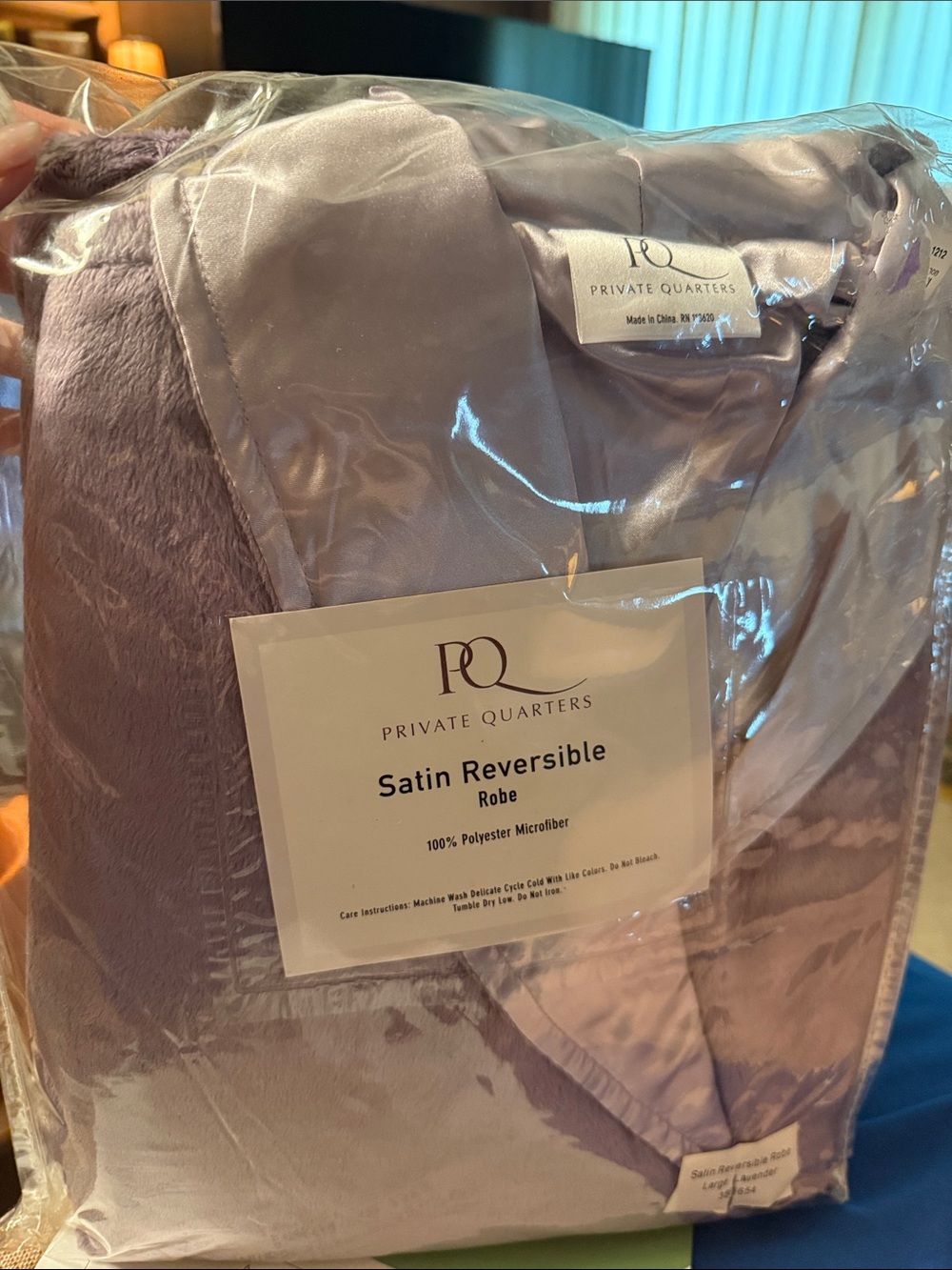 NWT Private Quarters Satin Reversible Robe - Lavender, Large